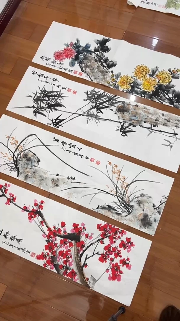 国画【福利，纯手工手绘】李春凤梅兰竹菊30*98厘米*4幅
