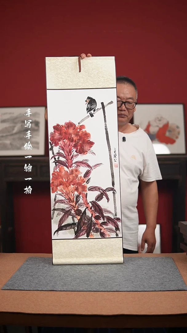 国画手绘-32*95卷轴花鸟