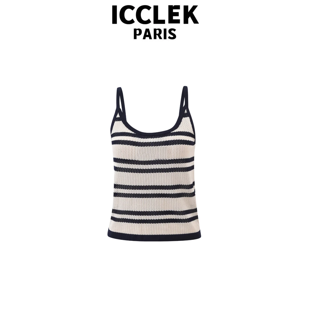 ICCLEK 蓝色条纹减龄显瘦针织衫背心百搭无袖休闲时尚圆领  -5635