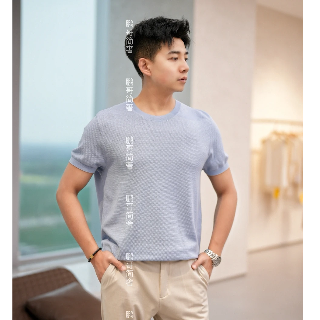 【桑蚕丝 菠萝纹】夏天男士针织圆领短袖高端纯色休闲透气速干