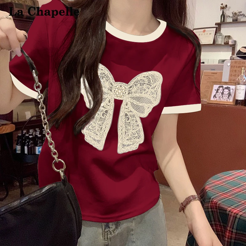 拉夏贝尔酒红撞色正肩短袖T恤女2025新款夏季小众炸街高级感女装X