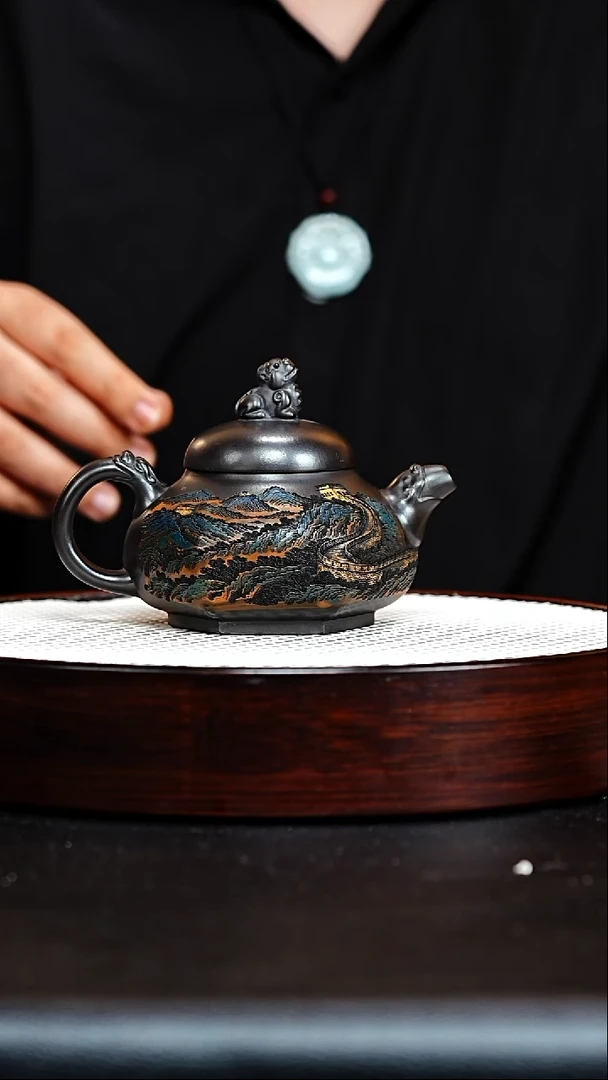 茶壶紫砂宜兴紫砂 石黄 梅付春（彩陶刻）
