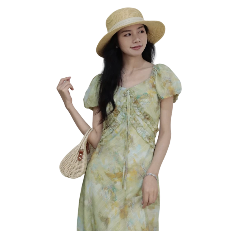 25年夏季新品LIUKE留刻花边系带油画长款连衣裙41250429504