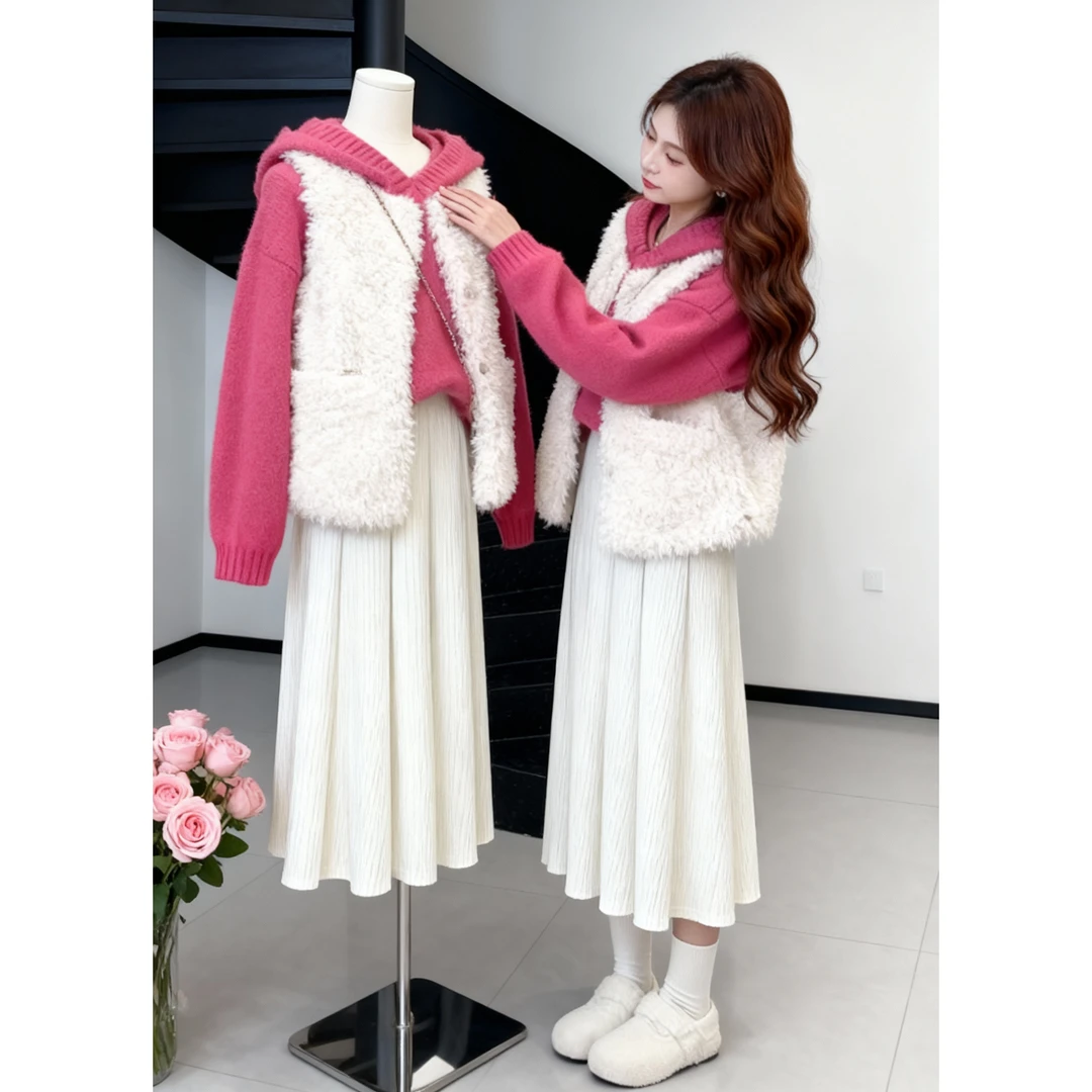 秋冬一整套女装2024新款韩版连帽毛衣无袖马甲百搭半身裙三件套潮