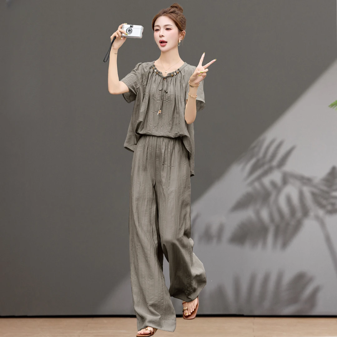 休闲阔腿裤套装女夏季2025新款胖妹妹显瘦遮肚子减龄松弛感两件套