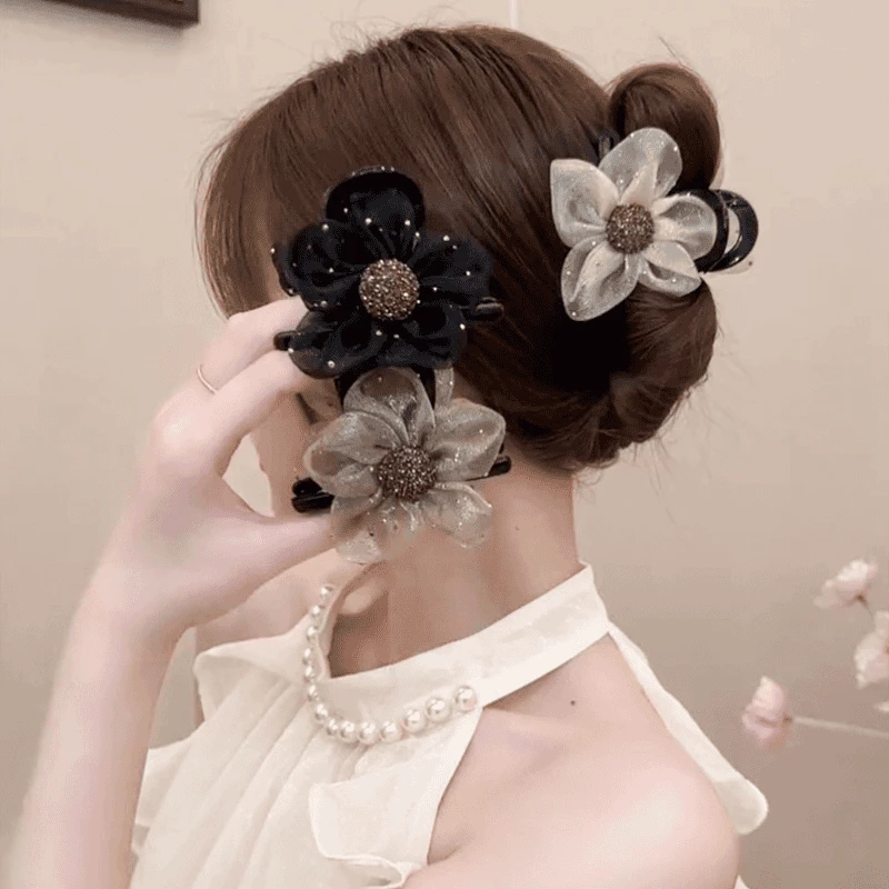 高端网纱水钻花朵抓夹女2024新款马尾夹后脑勺鲨鱼夹半扎发夹头饰