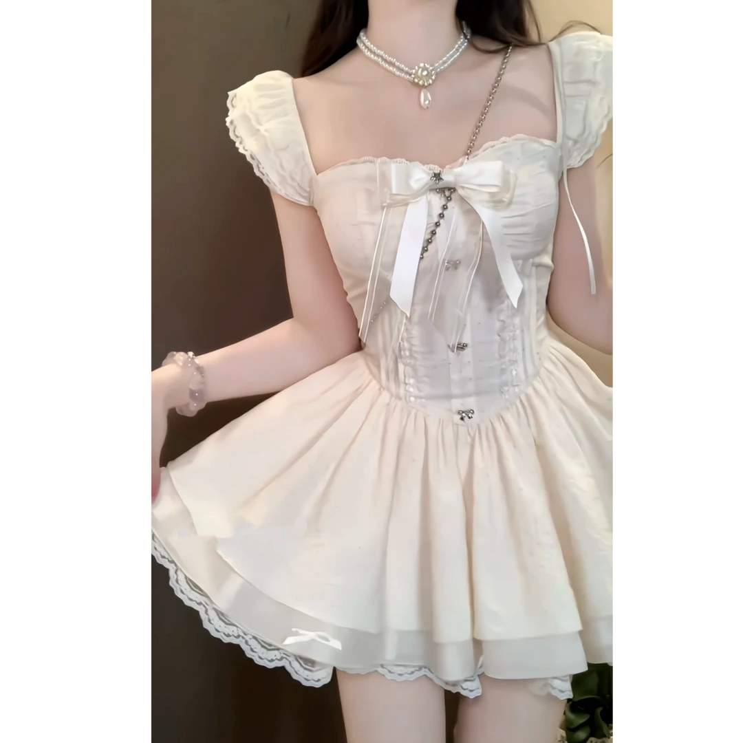 春日芭蕾 法式芭蕾风方领连衣裙女春夏新款甜美收腰蕾丝蓬蓬短裙