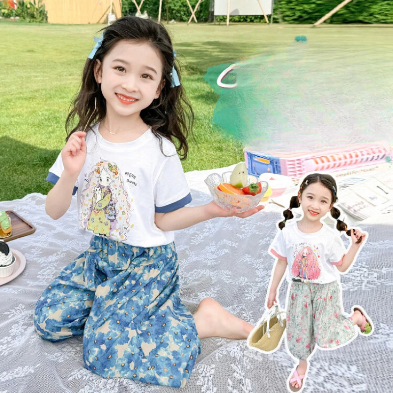 女童夏装防蚊裤套装2025新款儿童夏季衣服宝宝短袖网红炸街两件套