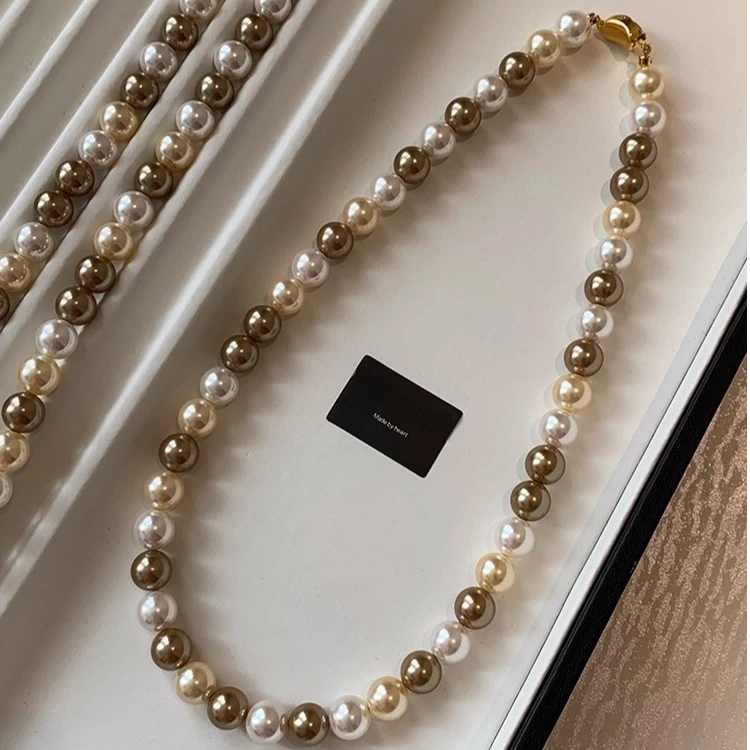 铜仿珍珠项链 摩卡棕色珍珠项链女轻奢小众高级感气质精致颈链
