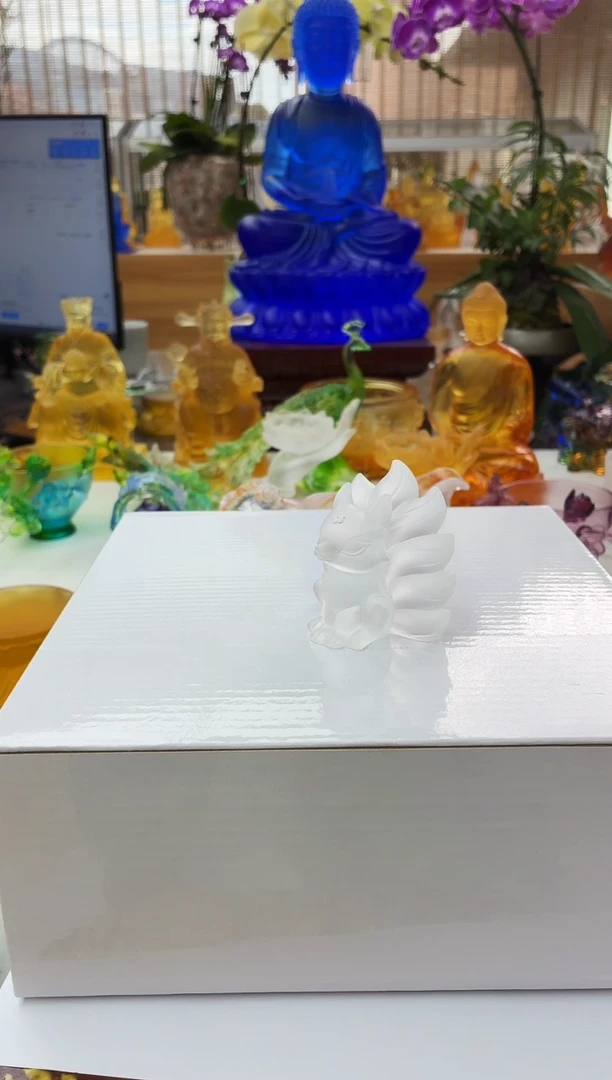 手工艺品琉璃白色九尾狐小茶宠摆件5*5公分