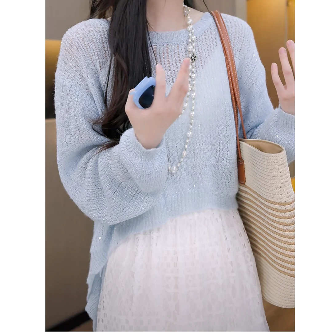 欧若风后背纽扣设计感亮丝针织衫女2025新款春季短款长袖罩衫上衣