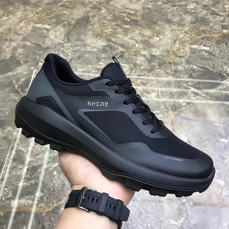 2025春季新款黑色系带休闲鞋子男百搭厚底男鞋透气布面户外运动鞋