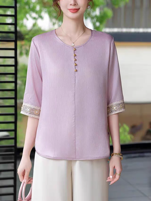 刺绣纽扣圆领香芋紫时尚妈妈装洋气盘扣复古女装夏季宽松显瘦百搭