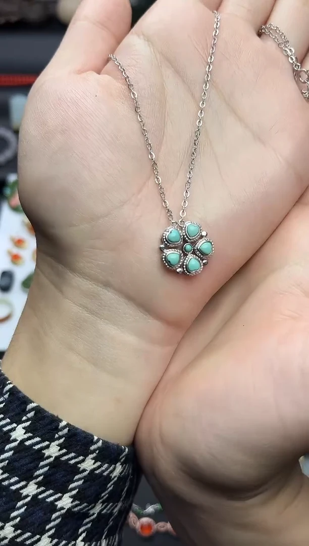 银S925镶嵌绿松石颈饰四叶草06