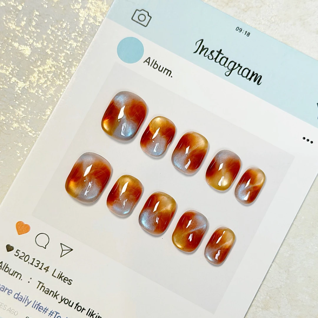 7·Orange【锦鲤】秋冬气质美甲时尚红色冰透晕染手工穿戴甲猫眼复古