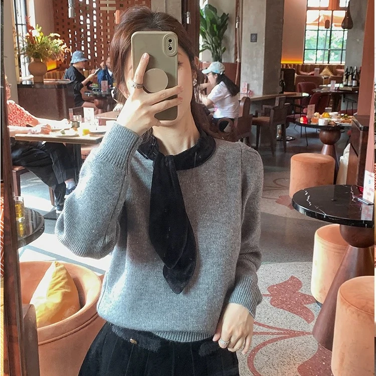 韩系气质显瘦设计感chic复古丝绒系带领毛衣女士上衣869