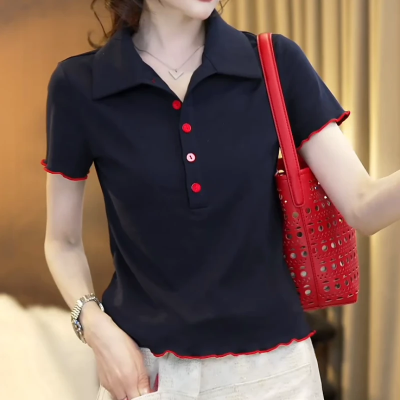 【心动热恋 】夏季纯色轻职风polo领女士百搭短袖T恤LK2502838