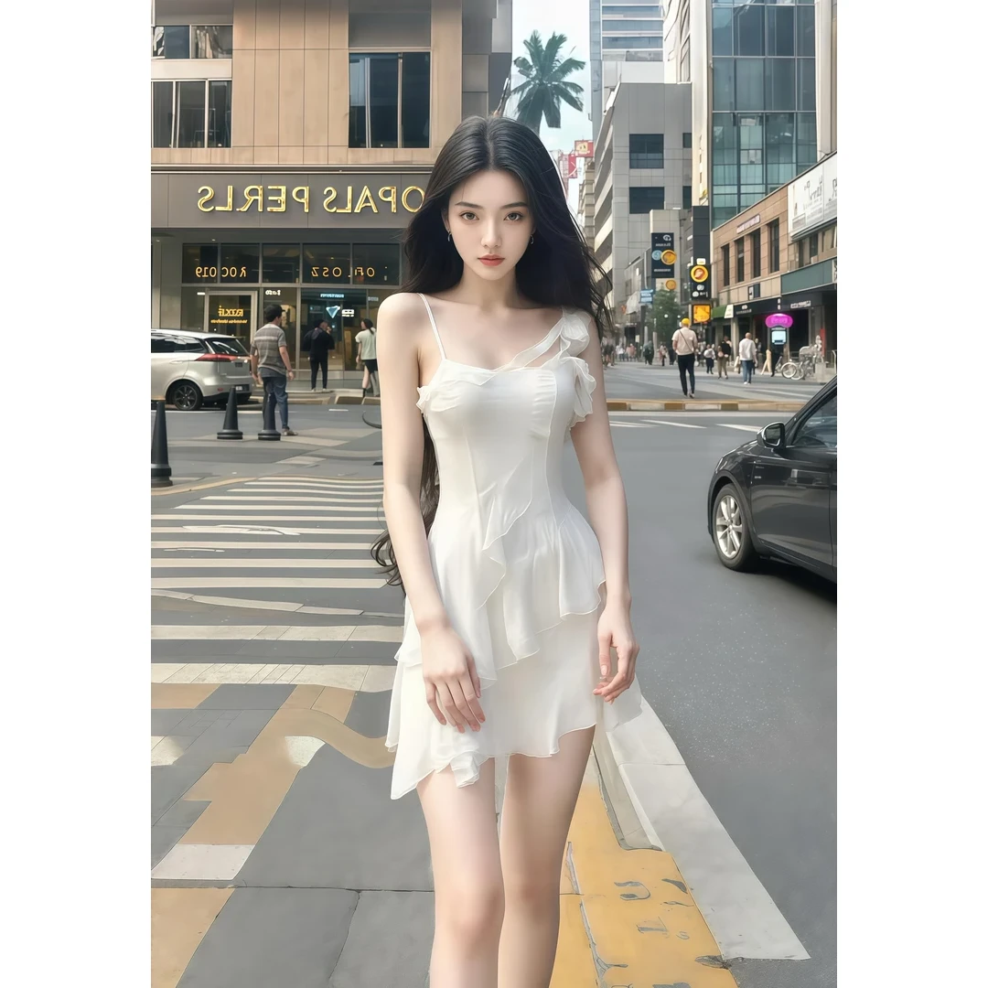 一字肩气质时尚白色吊带小众连衣裙子女别致女装禅意仙气飘飘