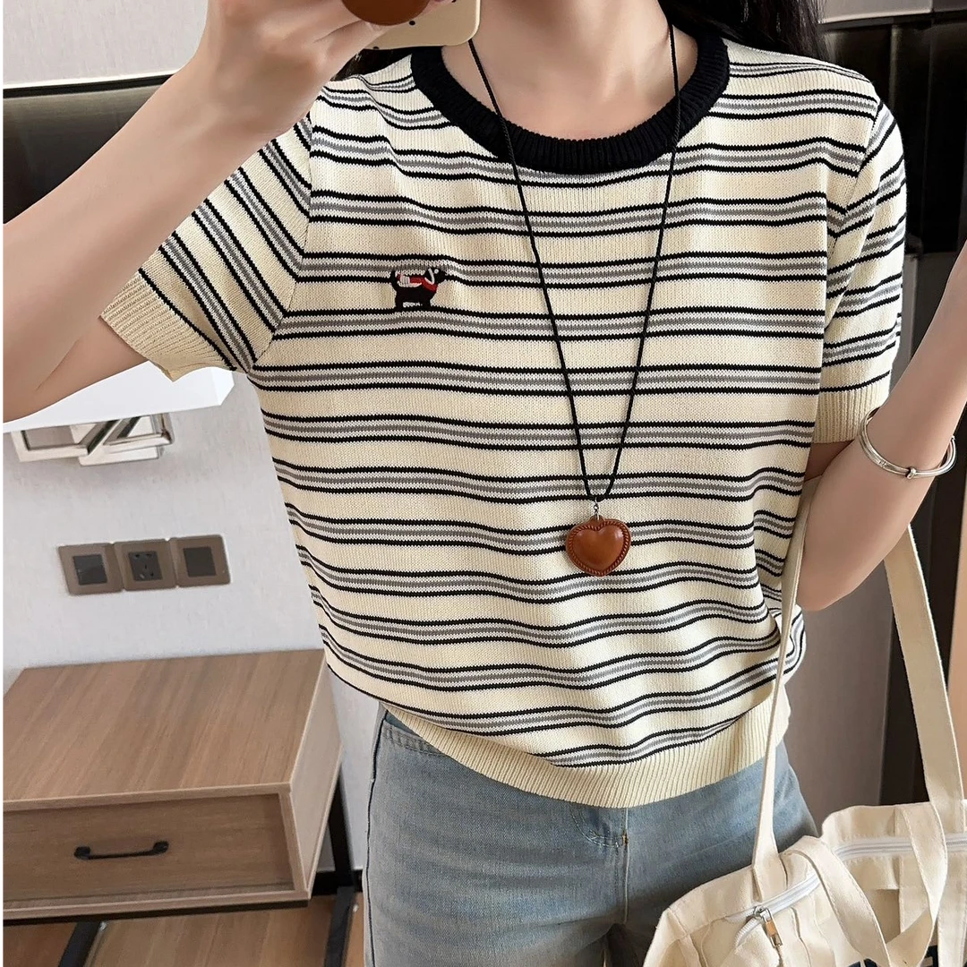 韩版撞色条纹小狗刺绣短袖针织衫2025春夏新款百搭遮肚精致上衣女