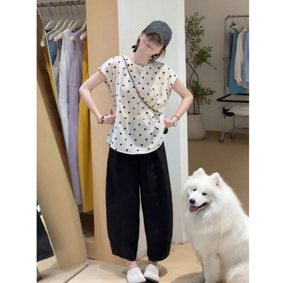 2025夏季新款时尚简约设计感波点宽松百搭休闲上衣裤子两件套