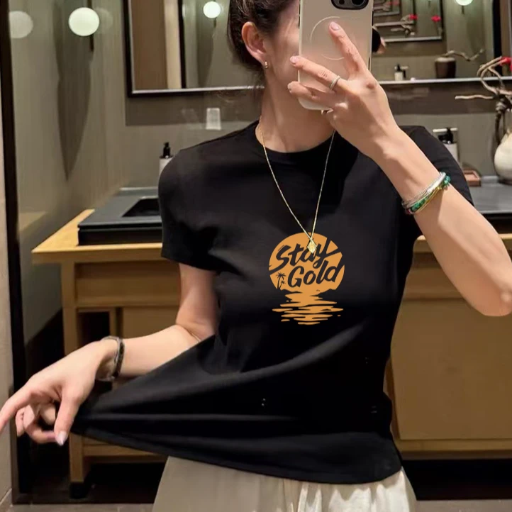 圆领修身显瘦黑色T恤上衣女高支弹力棉正肩百搭打底短袖柔软