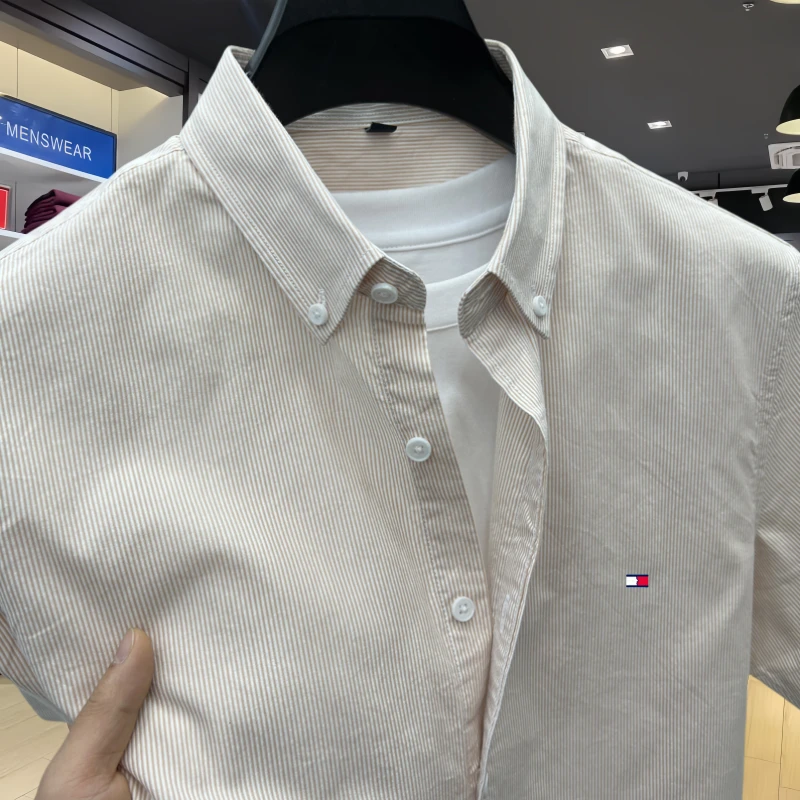 正品Tommy汤米条纹衬衫短袖男季中青年时尚刺绣休闲百搭男士衬衣