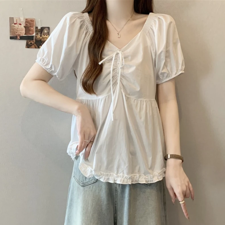 大码法式褶皱V领短袖衬衫女夏季新款微胖MM宽松显瘦百搭洋气上衣