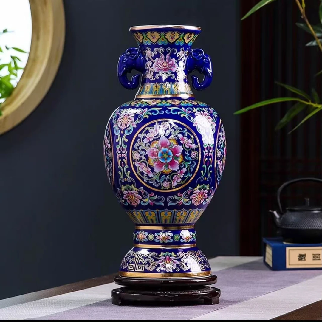 【周周严选】景泰蓝双耳象鼻尊太平景象陶瓷摆件