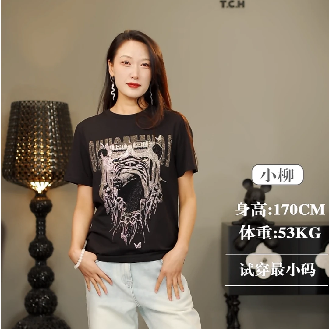 TCH潮牌狗狗烫钻黑色短袖洋气T恤男女同款T21110C6006