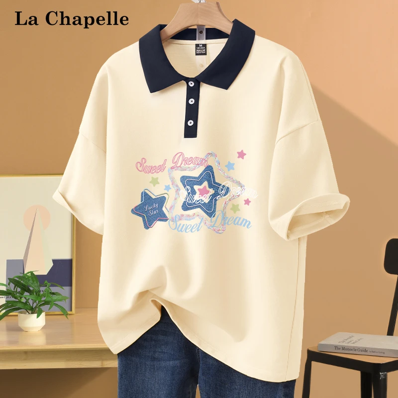 拉夏贝尔韩系polo领短袖女款爆款2025新款设计感T恤小众女装上衣