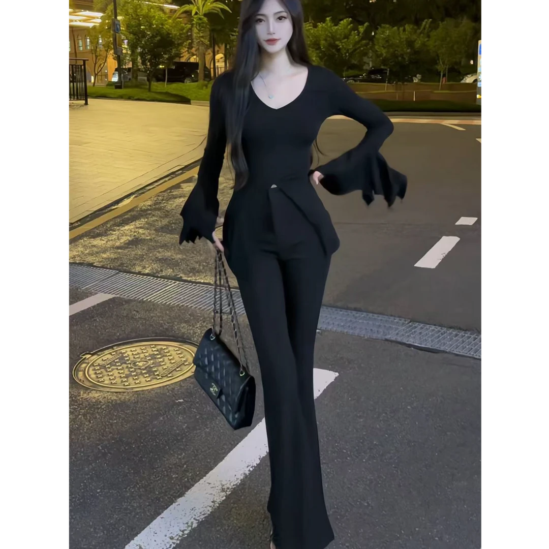 秋季新款美式辣妹风修身显瘦T恤喇叭袖v领开叉上衣喇叭裤长裤