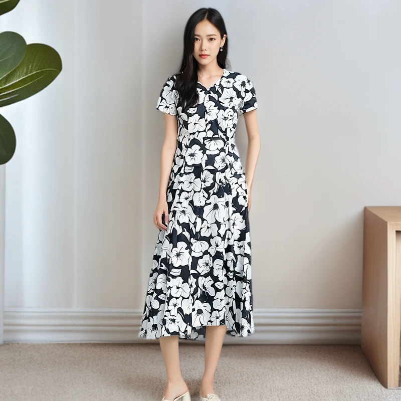 显瘦V领显瘦高奢连衣裙女装气质中长款碎花A字裙印花夏季长裙
