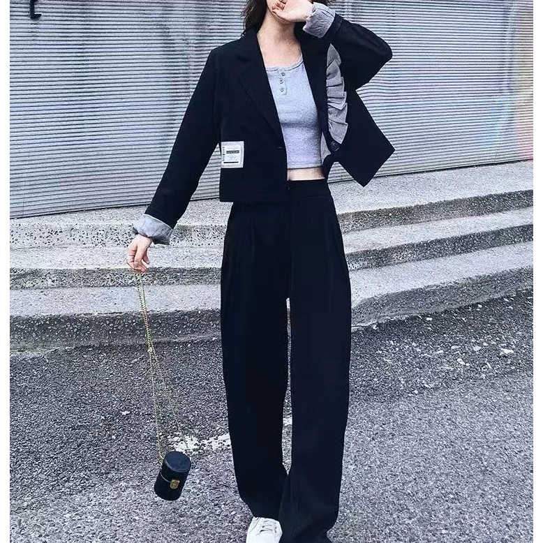 气质撞色木耳边短款西服外套➕阔腿长裤两件套套装