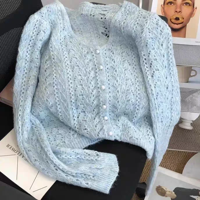 毛衣外套春秋薄款2025新款宽松慵懒女士针织开衫珍珠镂空上衣外套