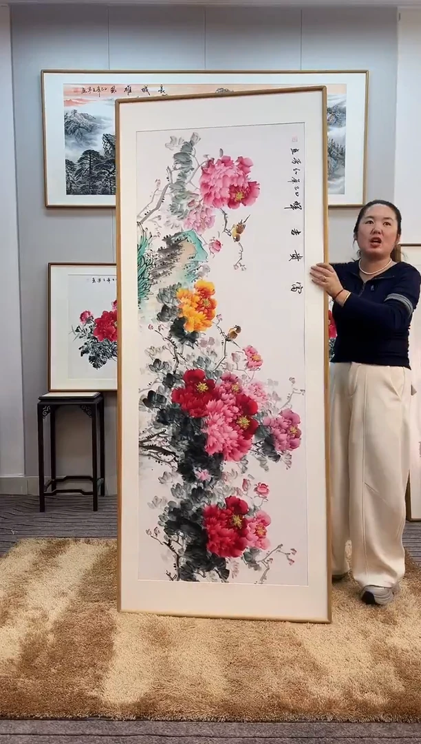 国画手绘牡丹202*82尺寸