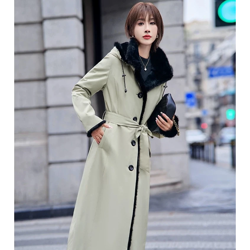 女款气质显瘦ins派克服冬季长款可摘卸獭兔升级内胆水貂毛边大衣