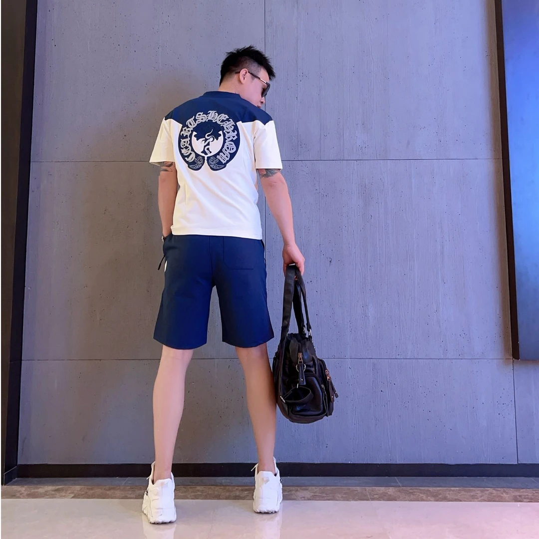 2025夏季新款高端轻奢拼接重工刺绣时尚百搭气质潮流圆领套装男生