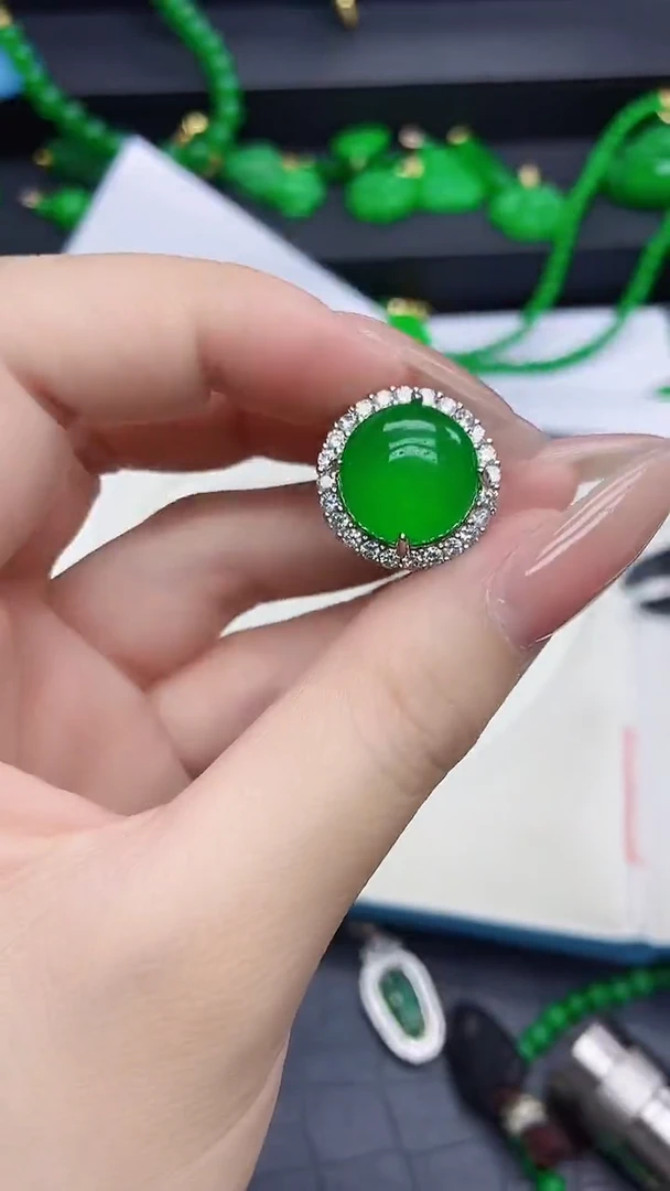 未镶嵌戒指翡翠翡翠满绿蛋面戒指h003