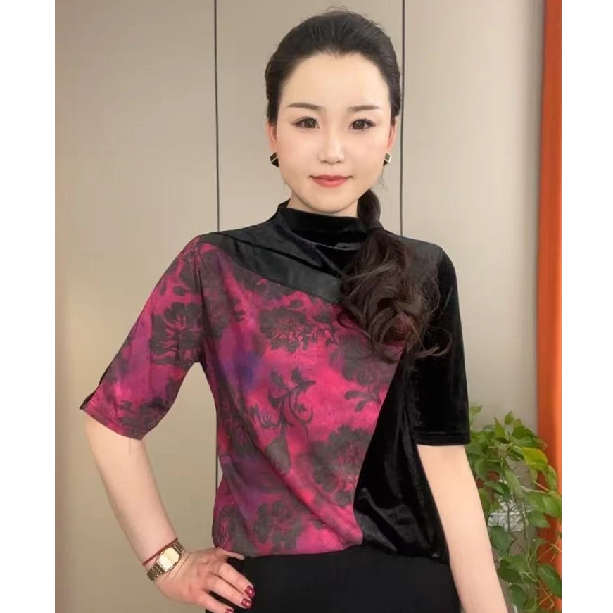气质短袖T恤女士2025春秋复古时尚妈妈显瘦打底衫上衣62960