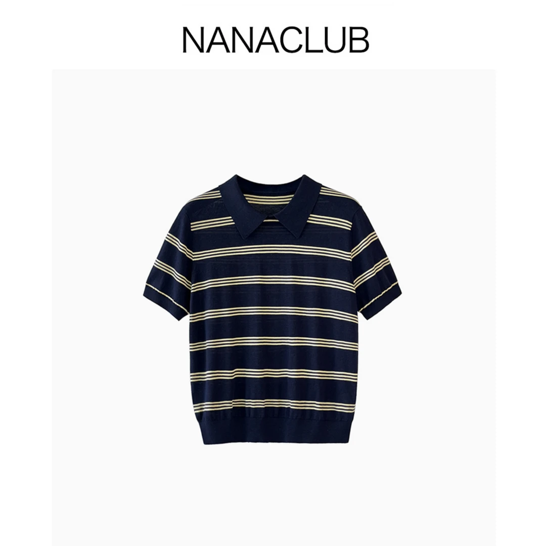 NANACLUB 不一样的Polo领Miu风条纹短袖 桑蚕丝天S软糯丝滑垂坠
