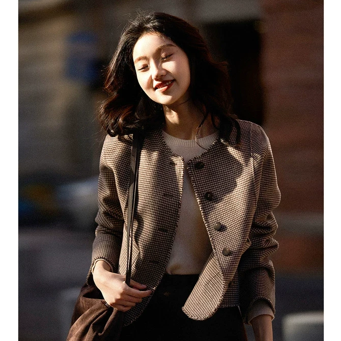 笑涵阁 复古腔调浓郁千鸟格 双面呢大衣外套25春SME765012VG