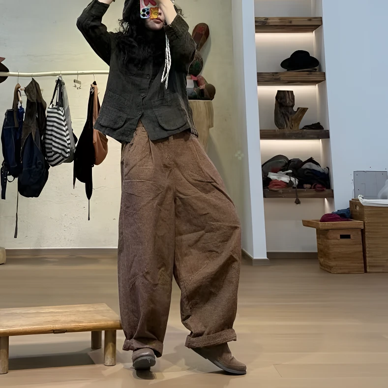 忆古朴拙色织杂色后口袋拼接休闲裤250104复古百搭时尚