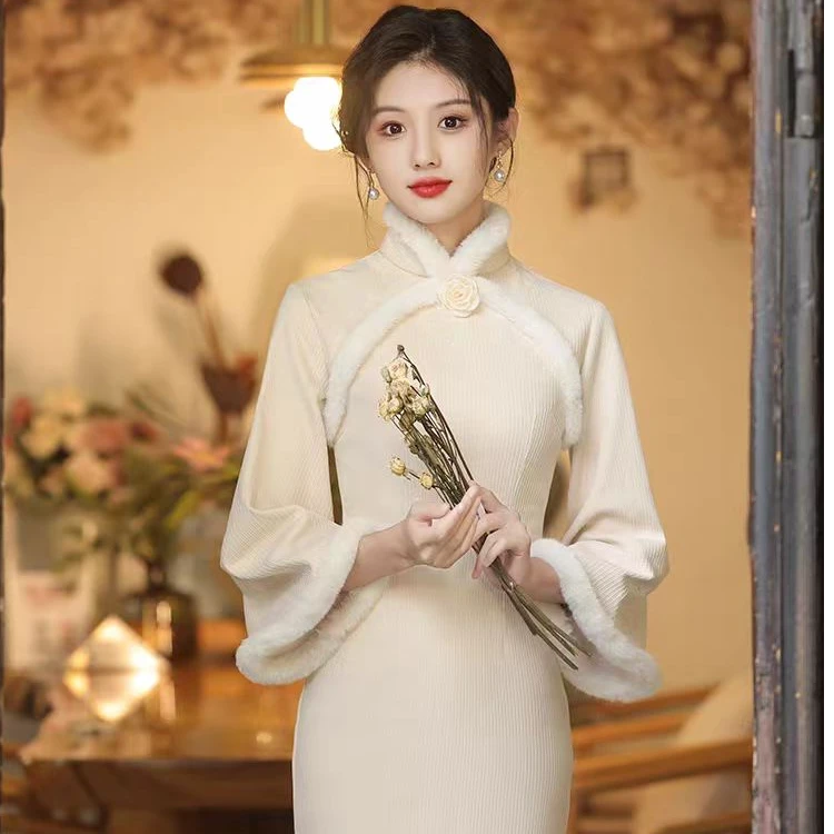 特价冬季改良旗袍长款加绒加厚气质长袖少女复古日常中国风民国风