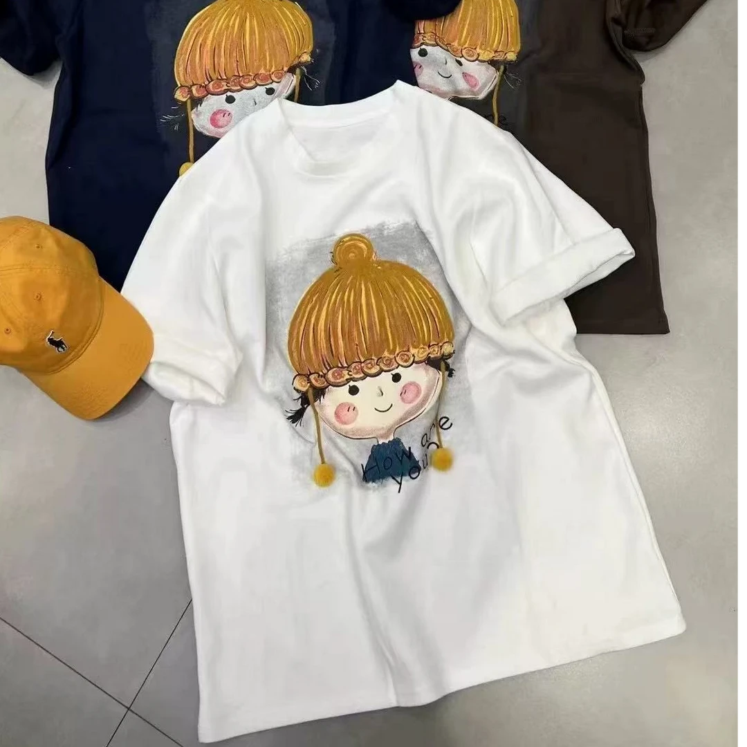2025春季新款时尚百搭圆领拼色卡通印花短袖T恤女宽松上衣潮10263