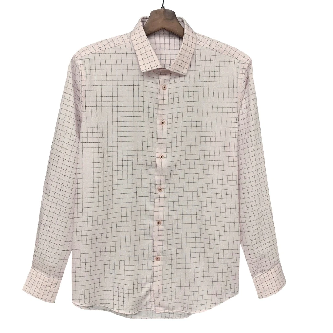 恺【高支长绒棉】粉白色格纹长袖衬衫高级商务休闲男款CS147
