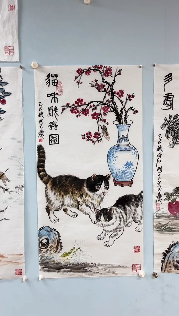 国画武天庆老师猫咪戏虫图