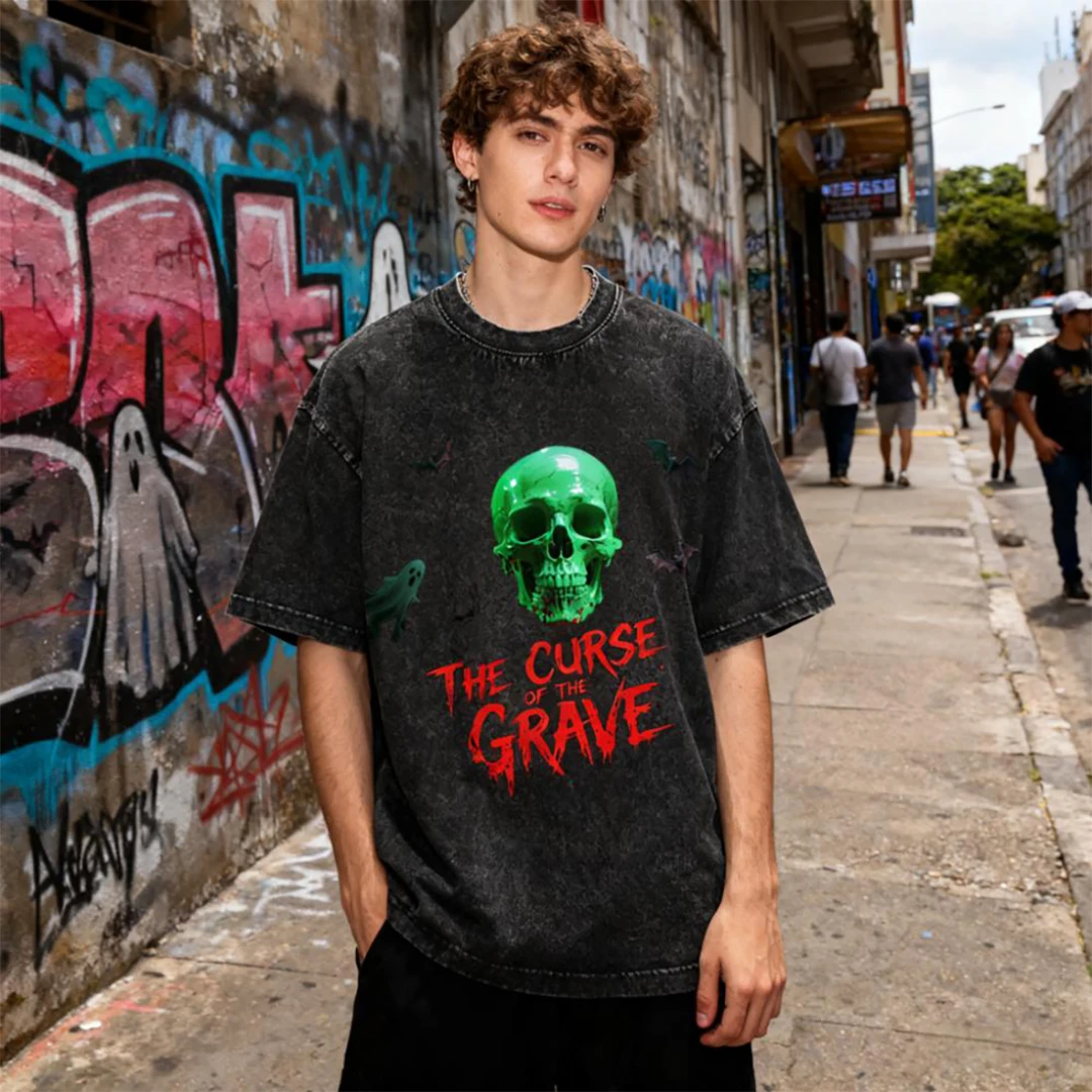 煽潮SWAYCHAOS  街头暗黑骷髅头印花短袖,夏季水洗做旧 街舞嘻哈