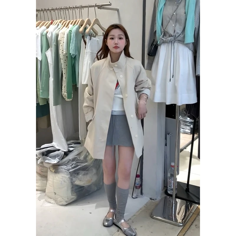 白色立领爆款风衣外套女2025春秋新款小个子韩系高级感日系中长款