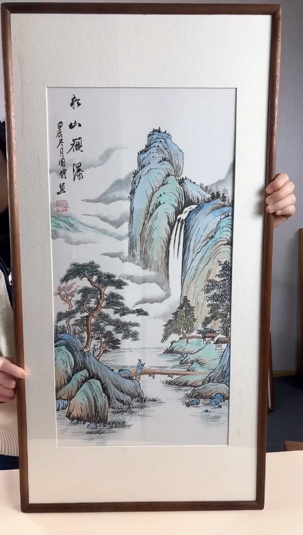 【闪购商品】国画手绘*松山观瀑*47*92cm实木框
