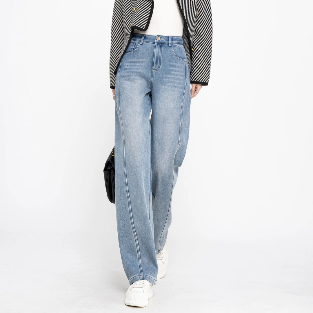 【T.L情画-新月】宽松高腰显瘦百搭新款浅蓝加绒弯刀牛仔裤6673